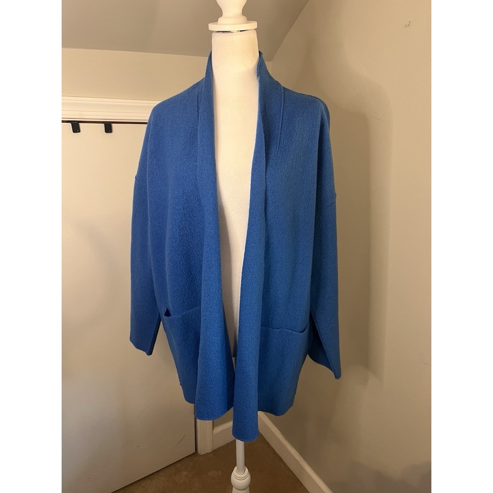 Eileen Fisher Boiled Wool Open Front Cardigan Sweater Jacket Azure Blue Small/P